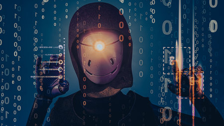 Hacker Cyborg with glowing head and binary code on blue background. 3D rendering