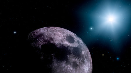 Moon in the night sky with stars and space. 3D Render spacescapeの写真素材