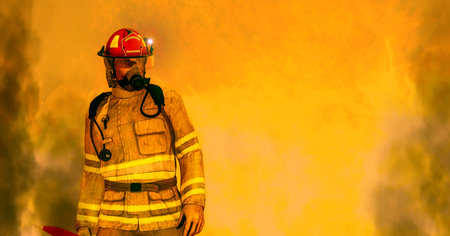 Firefighter in the fire with a helmet and a red flammable liquid. 3D Rendered illustration.の写真素材