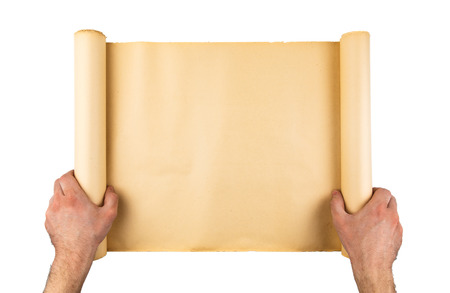 Man hands holding old stressed paper roll. Empty space, room for text, copy ,lettering. Vertical...