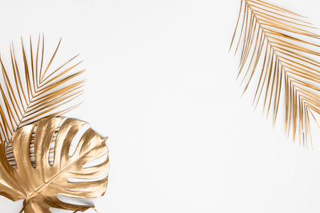 Golden painted tropical date palm and monstera leaves on plain white background isolated. Creative botanical layout border frame. Chic wedding invitation card mockup. Empty space, room for text.の写真素材