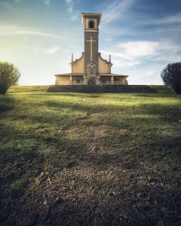 Llaranes neighborhood church at sunsetの写真素材