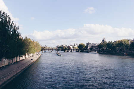 Boat and  River Seine in Paris, France.のeditorial素材