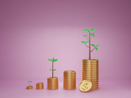 3D render image of coin stacks with growing trees on top and one coin lean against last stacks,...