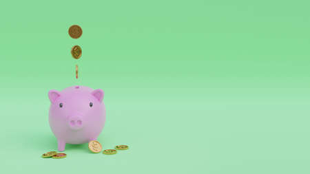 3D render illustration image of pink piggy bank with floating coins with dollar sign on green screen, concept of saving money plan for the futureの写真素材