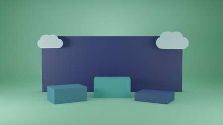 Empty pedestal display, blue color with background and flat cloud shapes levitating. Abstract 3D...