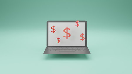 Illustration image of levitate laptop with dollar sign, concept of e-commerce or online shopping, 3D renderingの写真素材