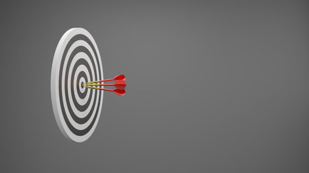Darts in the bullseye of dartboard, business or marketing focus and completed concept, 3D...