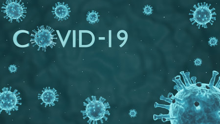 Coronavirus bacteria and text COVID-19, illustration microscopic view of floating influenza virus cells, 3d renderの写真素材