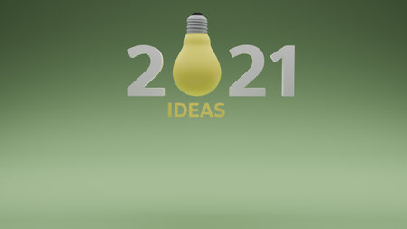 Illustration image of bright light bulb in 2021 number text, concept of idea creating, 3D rendering