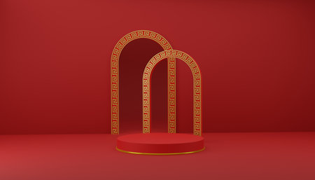 Gong xi fa cai happy Chinese New Year empty pedestal display showcase with arch door background, 3D rendering graphic design geometric illustrationの写真素材