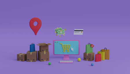 Online shopping application on computer screen with delivery service 3D render illustration