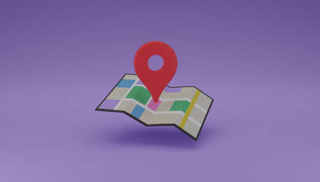 Location pin or navigator locator icon on folding map 3D rendering illustration