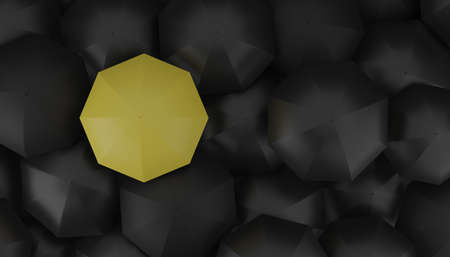 Yellow umbrella outstanding from group of black or dark umbrellas 3D rendering illustrationの写真素材