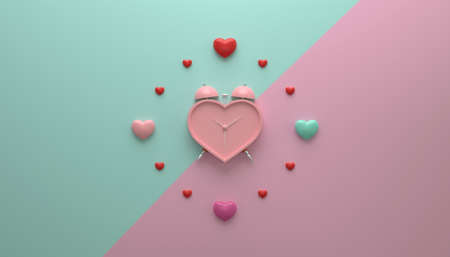 Pink alarm clock with heart shape around as hour mark concept of loving time 3D rendering illustrationの写真素材