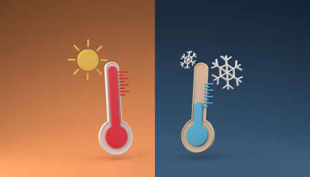 Temperature contrast cold and heat weather minimal thermometer symbol 3D rendering illustrationの写真素材