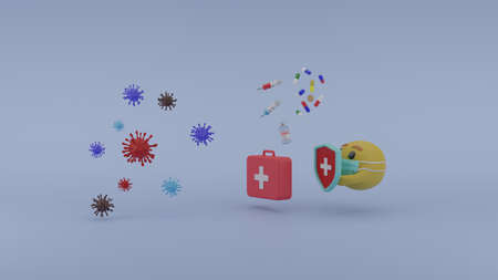 Emoticon protect health safety from COVID-19 coronavirus with vaccine medicine and wear face mask as knight shield 3D rendering illustrationの写真素材
