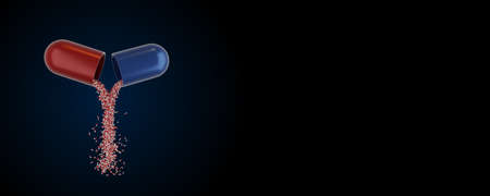 Capsule medicine pills poured or fall from big separates capsule 3D rendering illustration wide bannerの写真素材