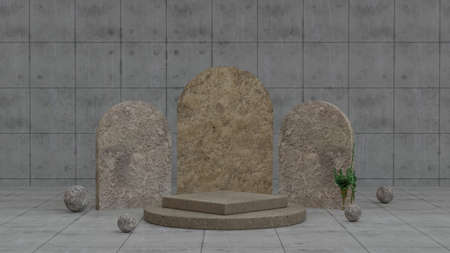 Abstract empty mockup stone podium with ivy vine plant on concrete background 3D rendering...