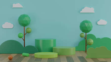 Abstract minimal kid display green mockup pedestal showcase podium stage with trees and wooden plank floor for product presentation 3D rendering illustrationの写真素材