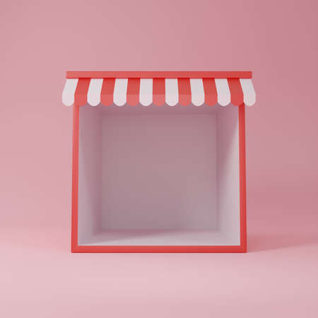 Empty mock up display kiosk shopping store front box with striped awning product exhibition showcase booth for advertising 3D rendering illustrationの写真素材
