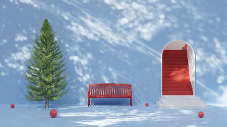 Minimalism abstract Christmas arch door and staircase with Christmas tree and red bench natural...