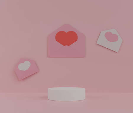Podium product display with envelope and heart shape paper love letter or festive holiday invitation...