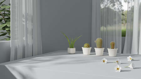 Mock up white concrete pedestal showcase podium stage with natural fresh plants for product...