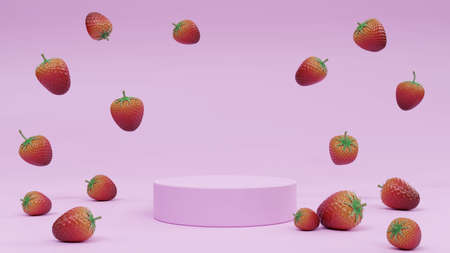 Mock up cylindrical pink pedestal showcase podium stage with falling or levitating fresh strawberry for product presentation 3D rendering illustrationの写真素材