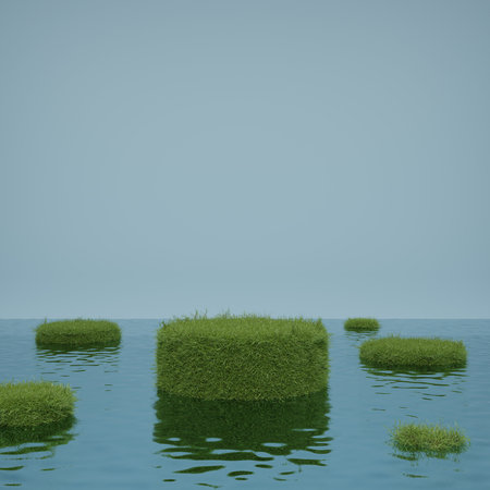 Abstract mock up cylindrical natural fresh green grass podium stage on surface of water 3D rendering illustrationの写真素材