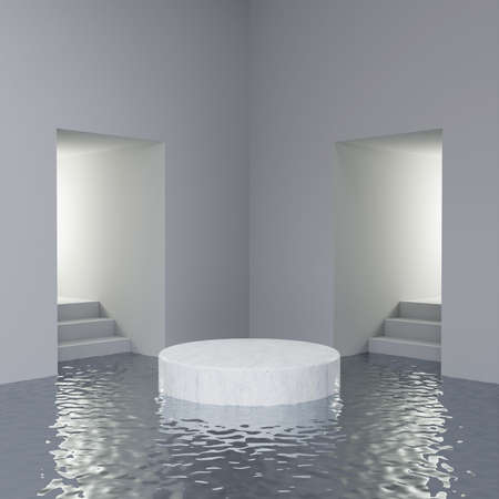 Minimalism cylindrical white marble display podium with water surface among concrete hallway and...