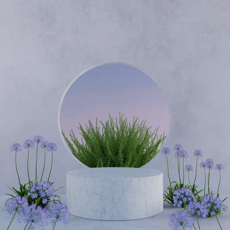 Cylindrical white marble pedestal showcase podium stage with natural fresh purple flower plants selective focus for product presentation 3D rendering illustrationの写真素材