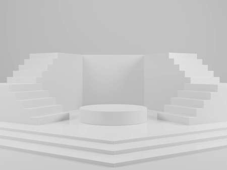 Minimal cylindrical product presentation display podium with stairway on white background 3D rendering illustrationの写真素材