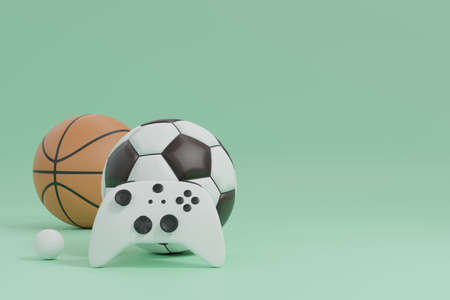 White joystick game controller lean on soccer football and basketball and golf ball sports or gaming competition 3D rendering illustrationの写真素材