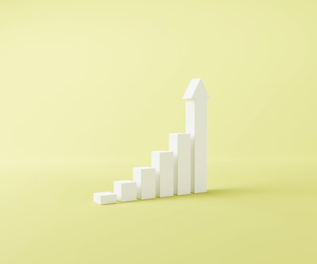 Minimal white stair step progress growth graph way to success on yellow background 3D rendering illustrationの写真素材