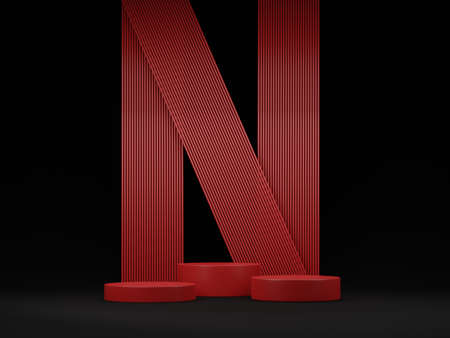 Minimalism red abstract pedestal podium with red geometric pipe stacks and black background for...