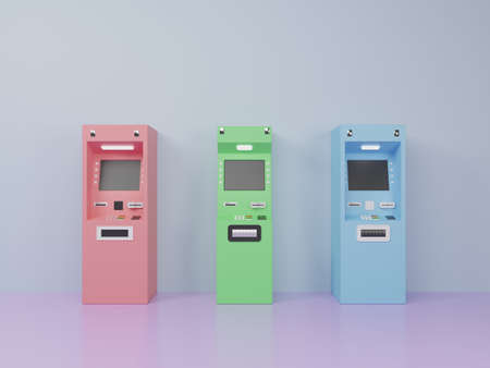 Three colored ATM automatic teller machine or ADM automatic deposit machine located against the wall for financial online transaction 3D rendering illustrationの写真素材