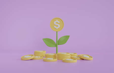 Minimal cartoon money tree growing and flower blossom as a coin with financial coin stacks around 3D rendering illustrationの写真素材