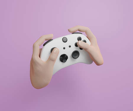 Hand holding white joystick gamepad, game console controller, videogame computer or arcade gaming...