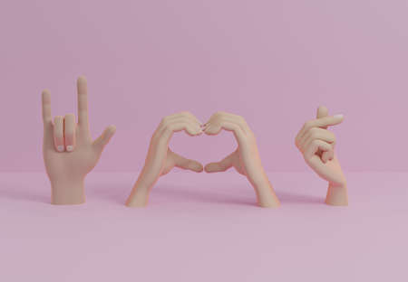 Hands and fingers with different love or heart symbol gesture Korean mini heart 3D rendering...