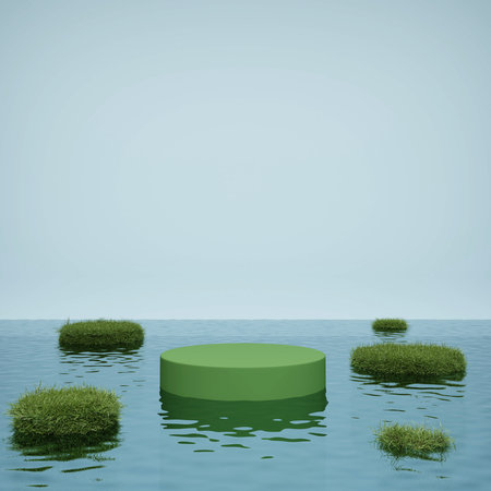 Abstract mockup green cylindrical podium with natural fresh grass stage on surface of water 3D rendering illustrationの写真素材