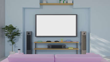 Blank screen television or display monitor in living room with household appliances and plants with...