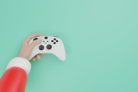 Santa left hand holding white joystick gamepad controller gift for Christmas 3D rendering illustrationの写真素材