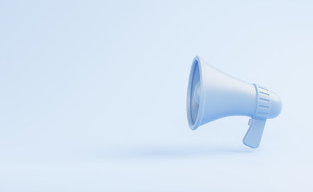 Mono color blue megaphone bullhorn speaker to announce or broadcast sound on white background 3D rendering illustrationの写真素材