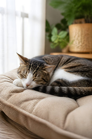 A tabby cat rests peacefully on a soft beige blanket near a window with indoor plants in the background