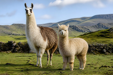 Two llamas stand in a grassy valley with rolling hills under a clear blue sky.