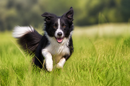 A black and white border collie running toward the camera with a joyful expression in a green grassy field