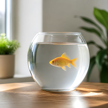 A bright orange goldfish swims inside a clear glass bowl placed on a wooden surface with a soft indoor background and a green plant in the distance