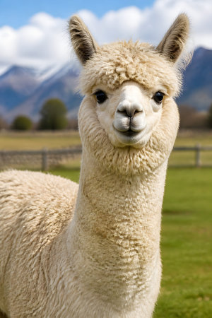 A close up portrait of a cream alpaca with large dark eyes and fluffy fur in a rural field with mountains in the background
