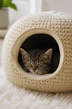 A fluffy cat rests inside a round knitted beige cat cave with a warm soft texture and a calm expression